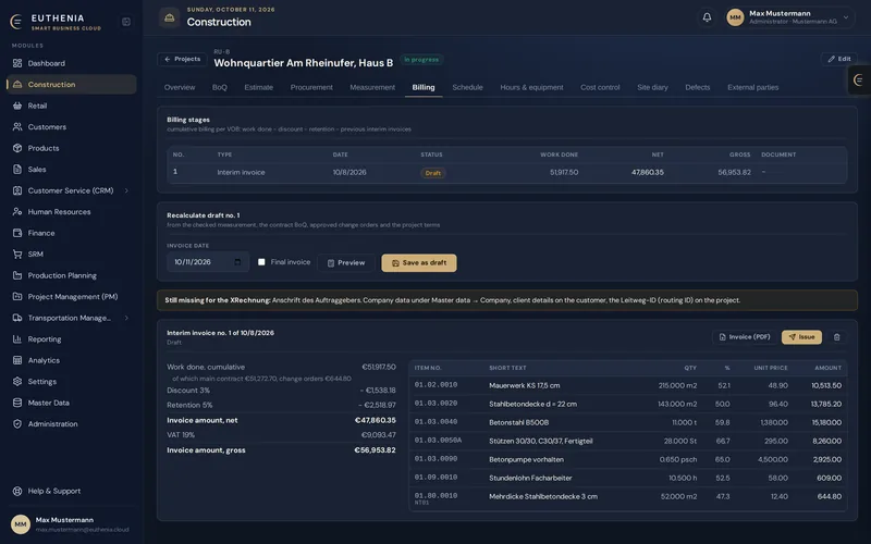Progress invoice according to VOB from the verified take-off: work performed, discount, security retention and approved change order