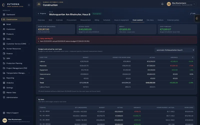 Post-calculation with work performed, actual costs, result and forecast, early warning and planned vs. actual per cost type