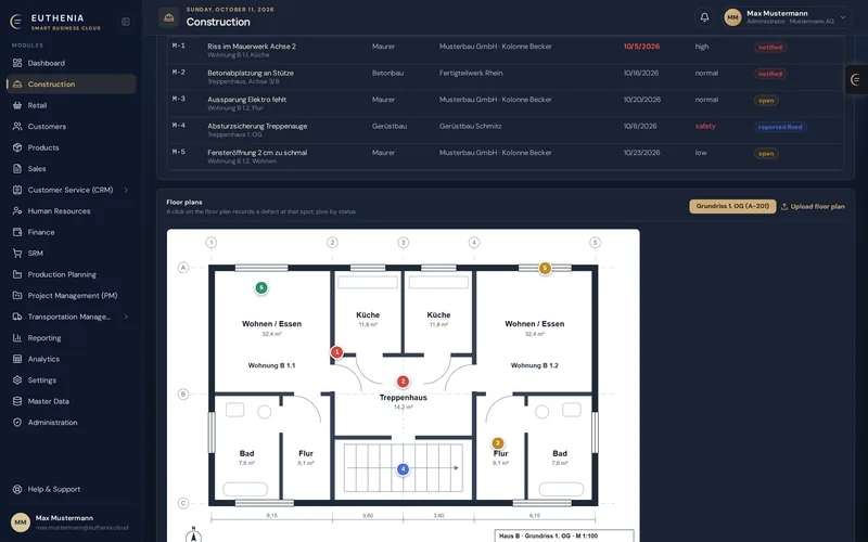 Defect list with trade, deadline and status, below it the floor plan with the defects shown as dots