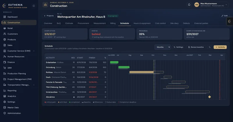 Construction schedule in monthly view with baseline, reporting date, progress and completion date