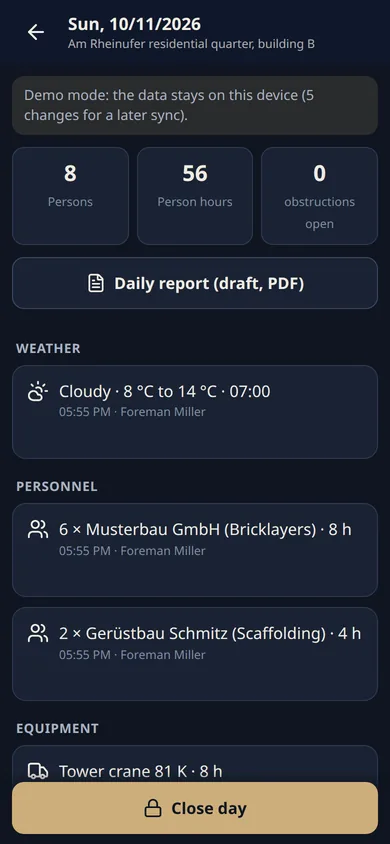 Site app: today's site diary with weather, staff and equipment