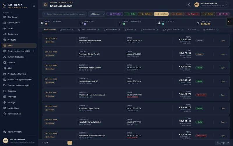 Sales: quotes, invoices and progress invoices with status and outstanding amount