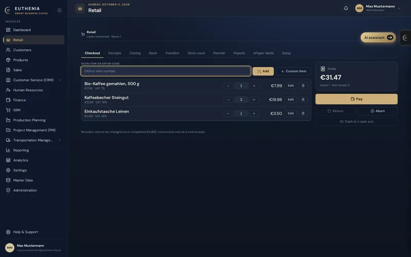 POS: scan items, change quantities, pay by cash or card