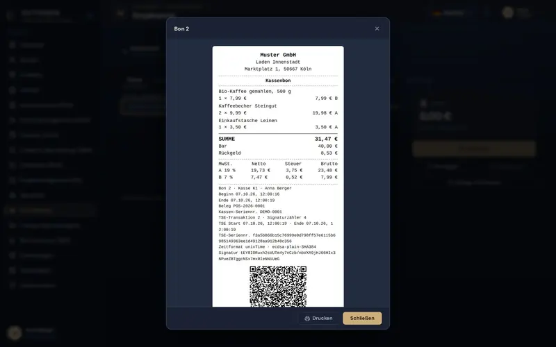 Kassenbon mit Steuer je Satz, TSE-Signatur und QR-Code nach KassenSichV