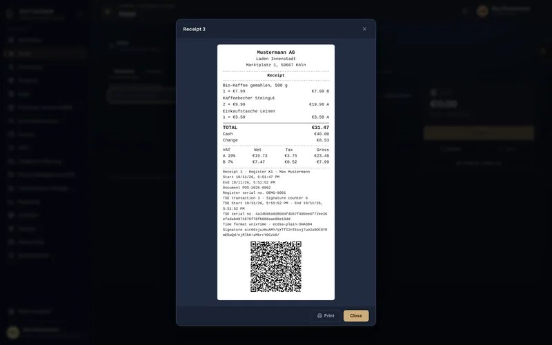 Receipt with tax per rate, TSE signature and QR code as required by KassenSichV