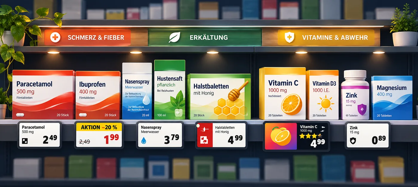 Apothekenregal mit digitalen Preisschildern: Aktionspreis, LED und Vollfarbdisplay